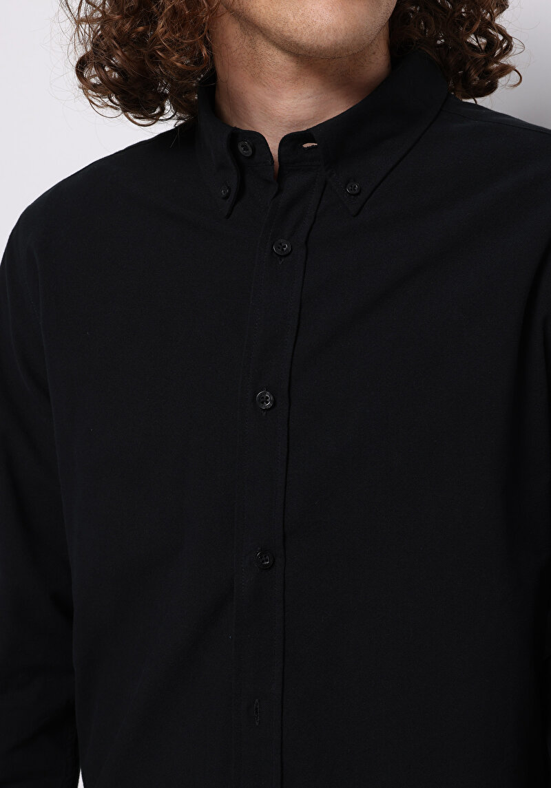 Regular Fit Shirt Neck Düz Erkek Siyah Uzun Kol Gömlek
