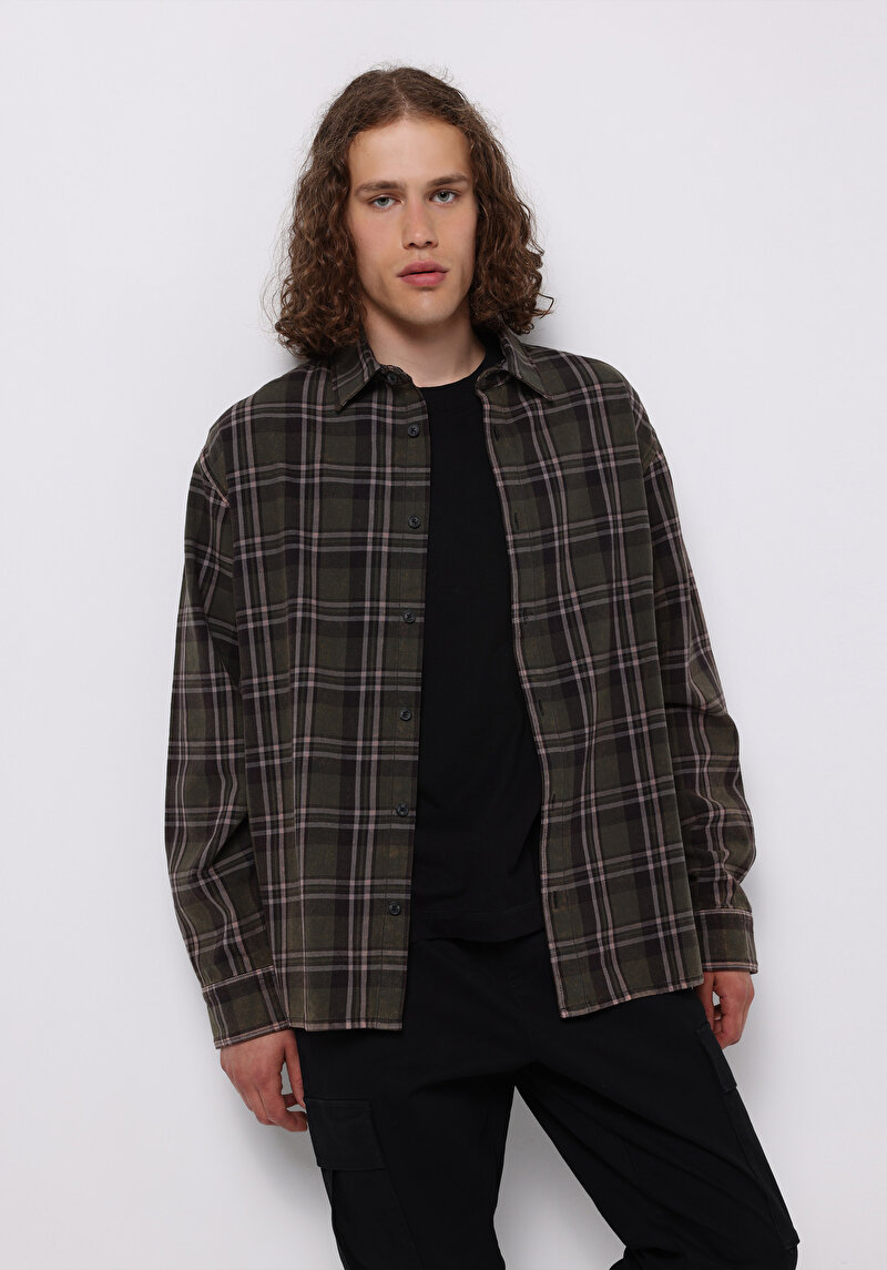 Comfort Fit Shirt Neck Ekoseli Erkek Yeşil Uzun Kol Gömlek