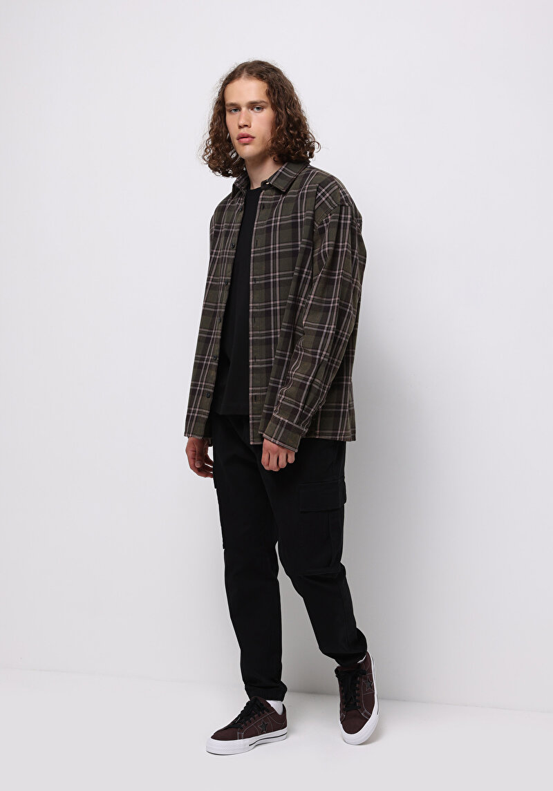 Comfort Fit Shirt Neck Ekoseli Erkek Yeşil Uzun Kol Gömlek