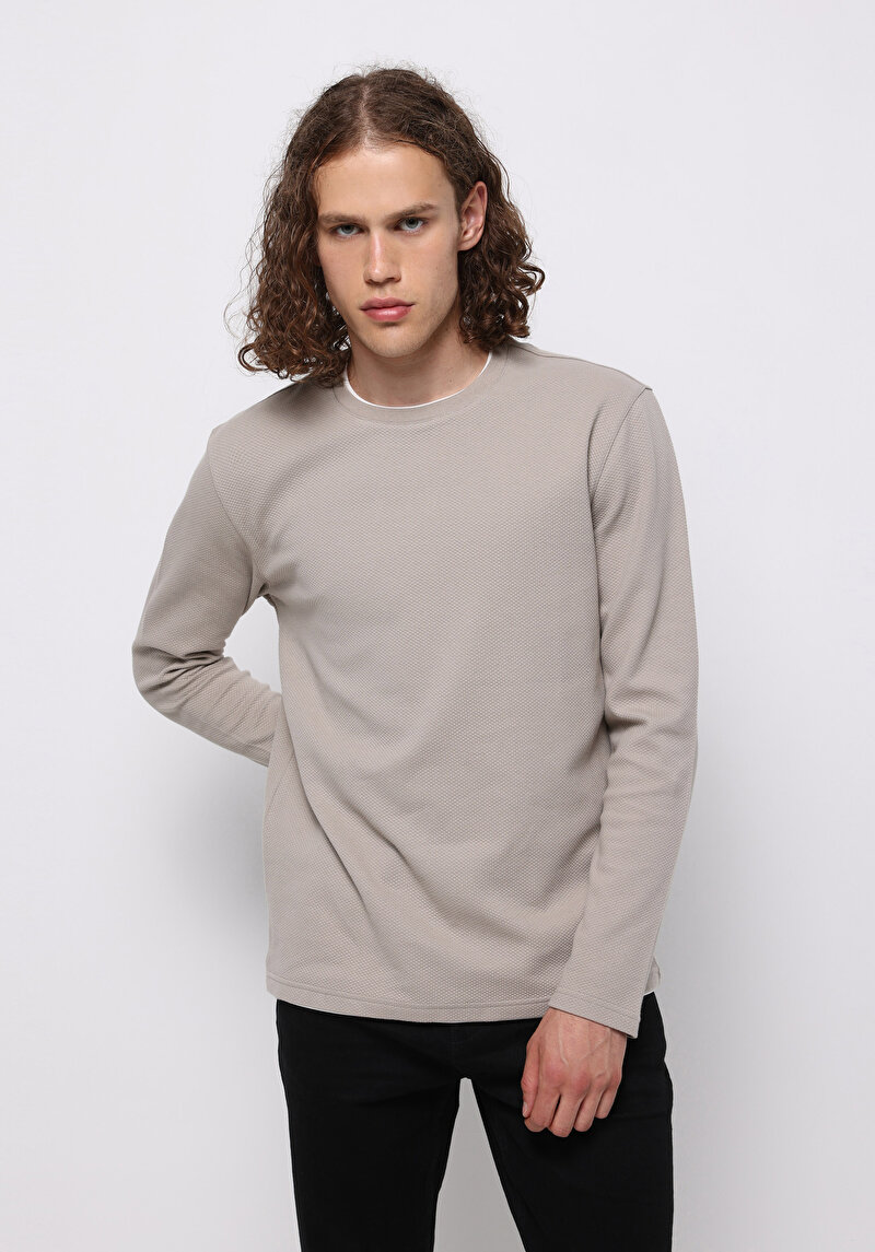 Regular Fit Yuvarlak Yaka Jakarlı Erkek Kahverengi Uzun Kol Tişört