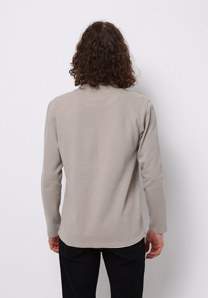 Regular Fit Yuvarlak Yaka Jakarlı Erkek Kahverengi Uzun Kol Tişört