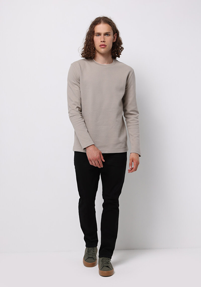 Regular Fit Yuvarlak Yaka Jakarlı Erkek Kahverengi Uzun Kol Tişört