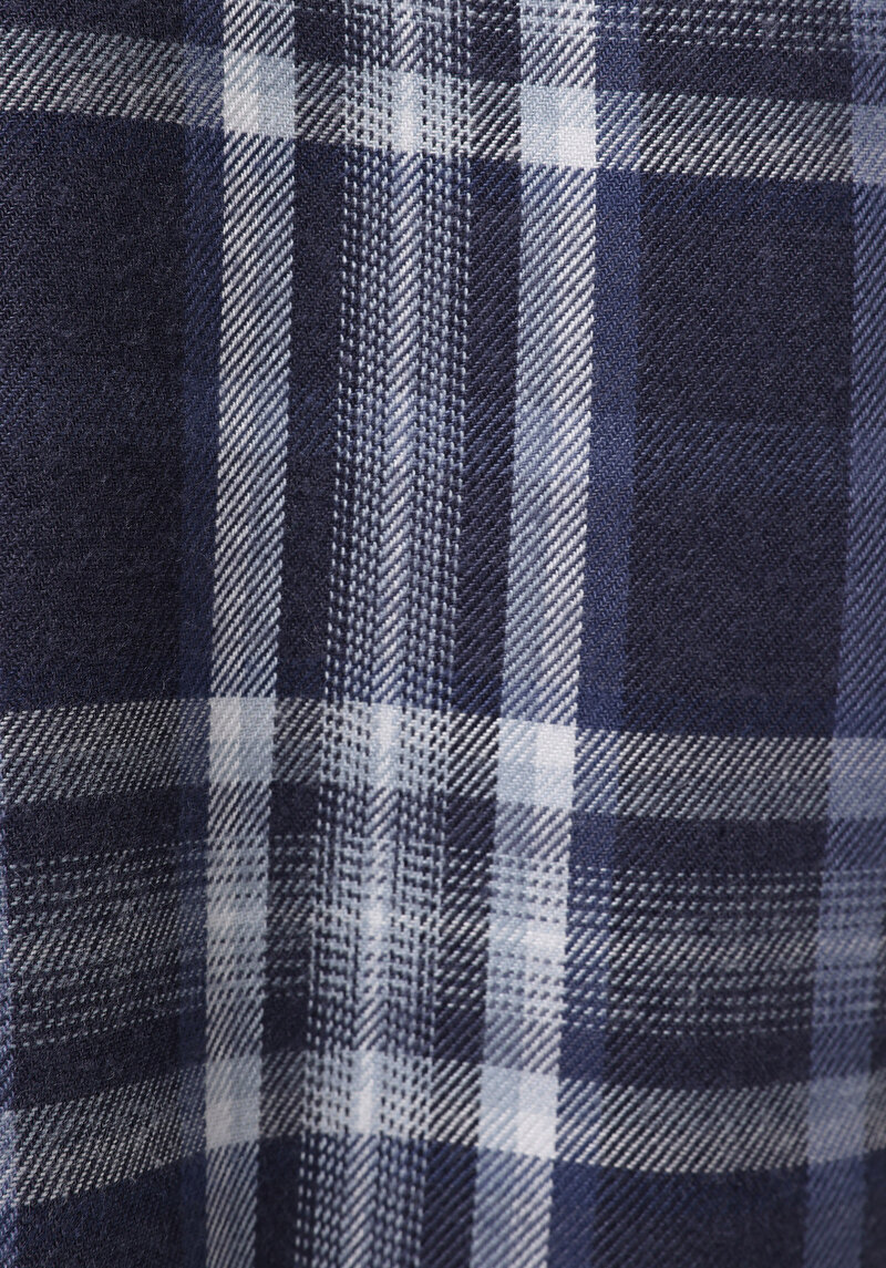 Relax Fit Shirt Neck Ekoseli Kadın Lacivert Uzun Kol Gömlek