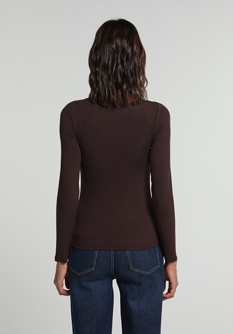Slim Fit Kayık Yaka Düz Kadın Kahverengi Uzun Kol Tişört