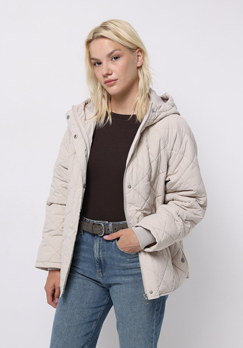 Regular Fit Kapüşonlu Fermuarlı Astarlı Suya Dayanıklı Kadın Taş Mont