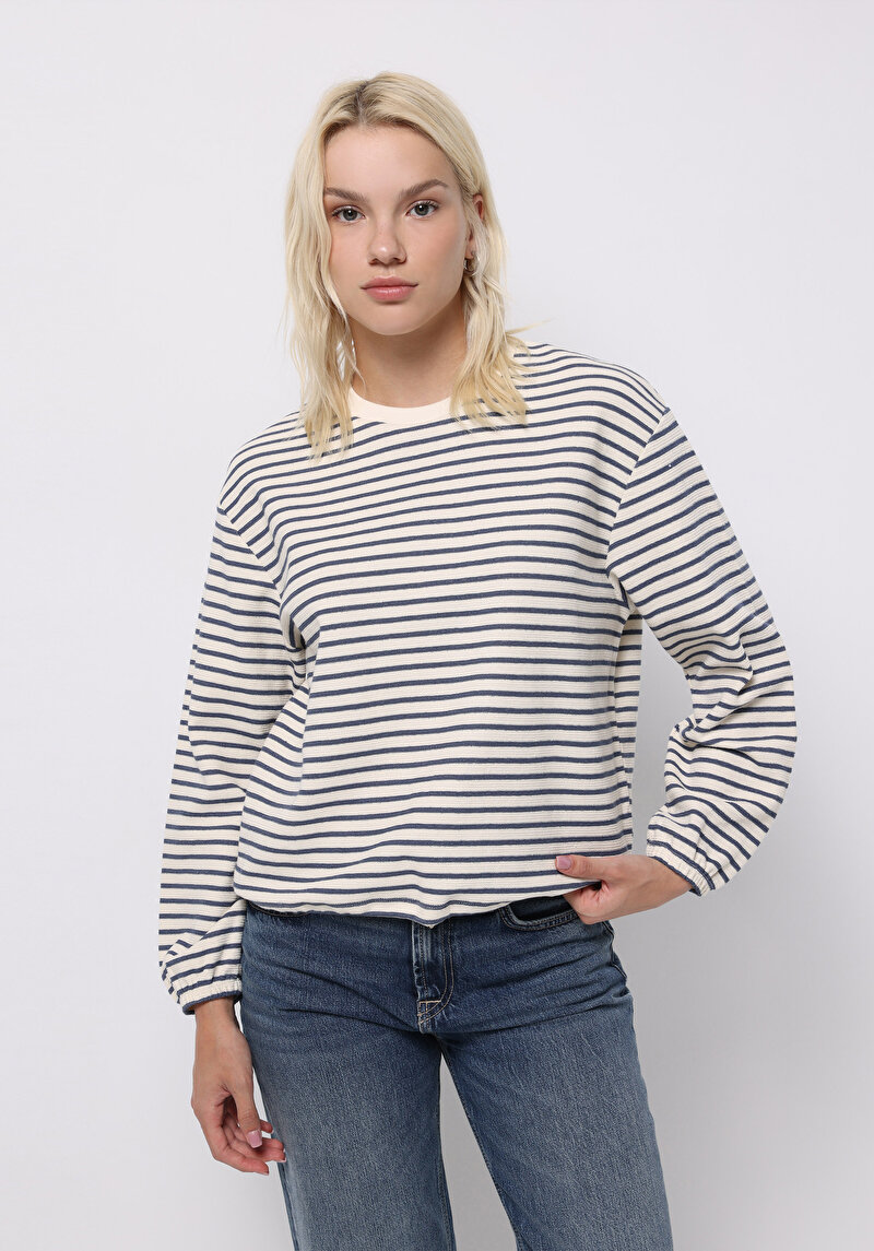 Regular Fit Yuvarlak Yaka Çizgili Kadın Mavi Uzun Kol Tişört