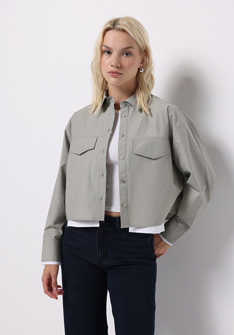 Regular Fit Shirt Neck Düz Kadın Yeşil Uzun Kol Gömlek