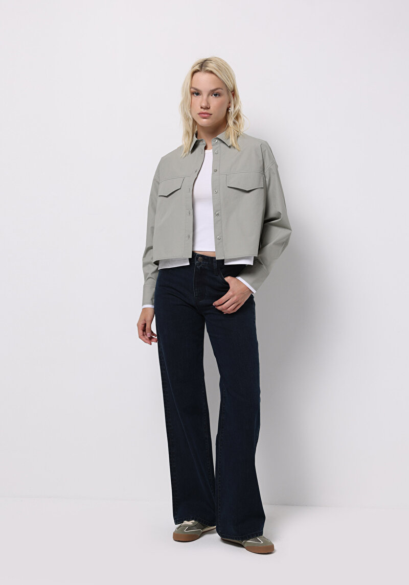 Regular Fit Shirt Neck Düz Kadın Yeşil Uzun Kol Gömlek