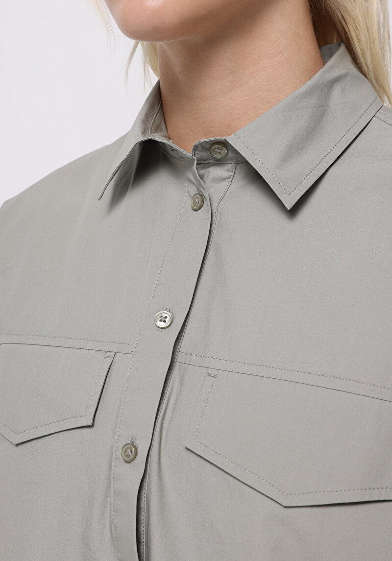 Regular Fit Shirt Neck Düz Kadın Yeşil Uzun Kol Gömlek