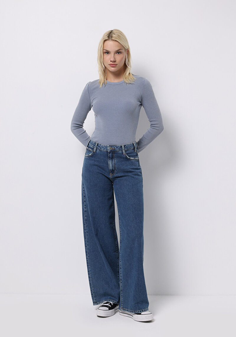 Slim Fit Yuvarlak Yaka Düz Kadın Mavi Uzun Kol Tişört