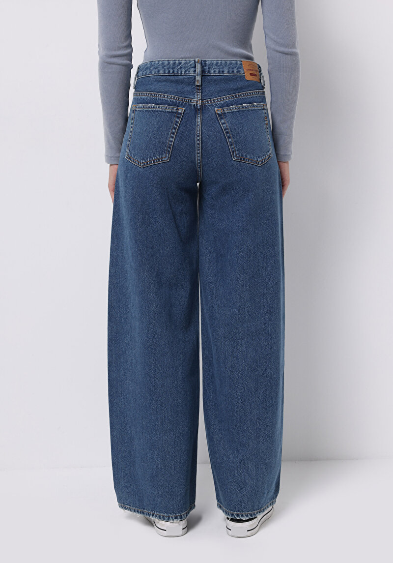 Loose Fit Düşük Bel Geniş Paça Kadın İndigo Jean Pantolon