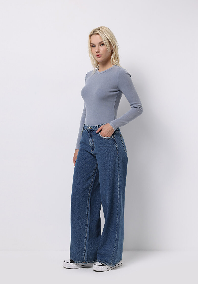 Loose Fit Düşük Bel Geniş Paça Kadın İndigo Jean Pantolon