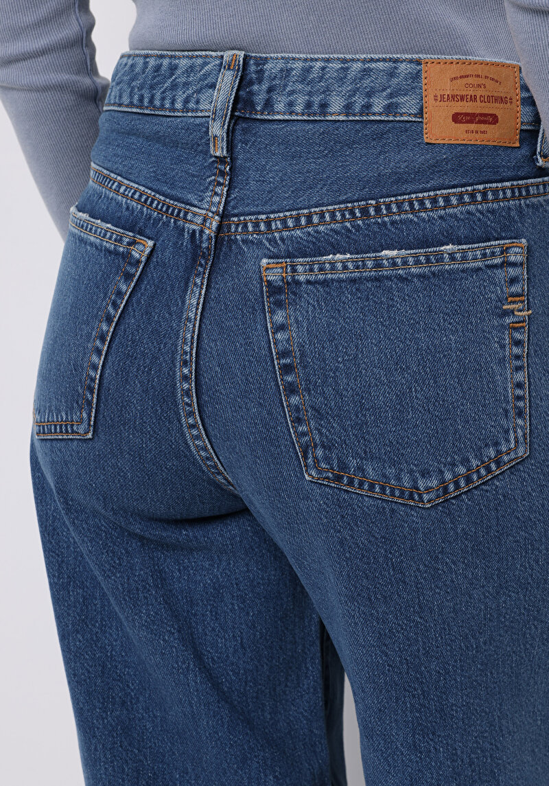 Loose Fit Düşük Bel Geniş Paça Kadın İndigo Jean Pantolon