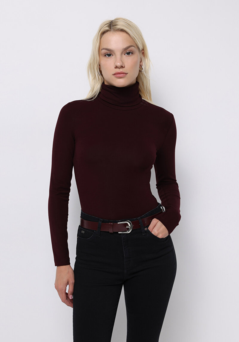 Slim Fit Balıkçı Yaka Düz Kadın Bordo Uzun Kol Tişört
