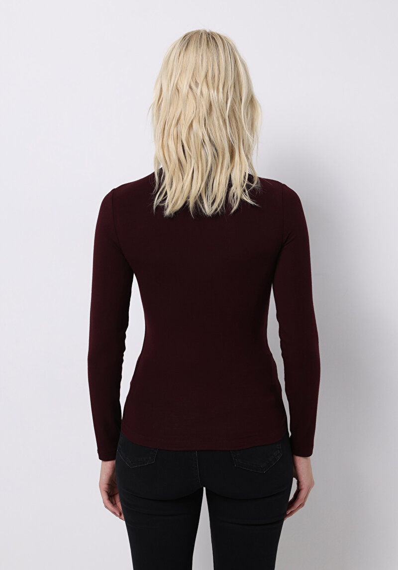 Slim Fit Balıkçı Yaka Düz Kadın Bordo Uzun Kol Tişört