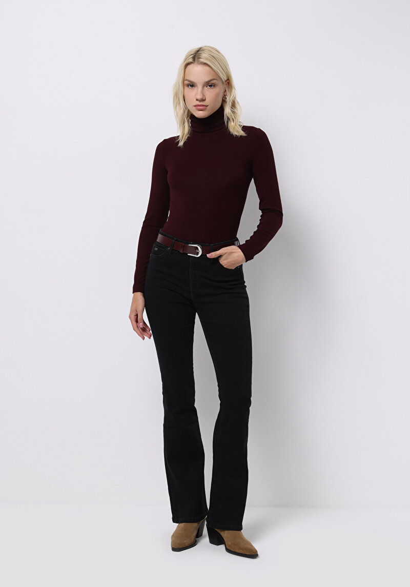 Slim Fit Balıkçı Yaka Düz Kadın Bordo Uzun Kol Tişört