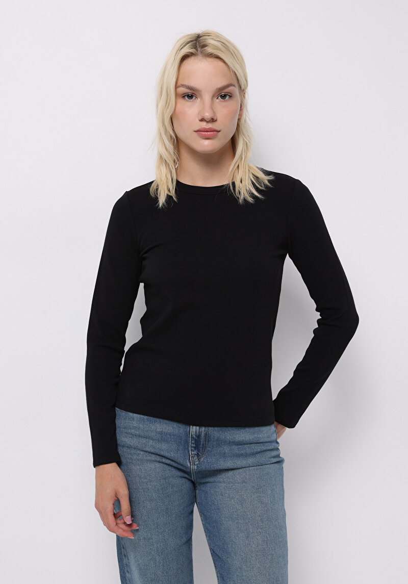 Slim Fit Yuvarlak Yaka Düz Kadın Siyah Uzun Kol Tişört