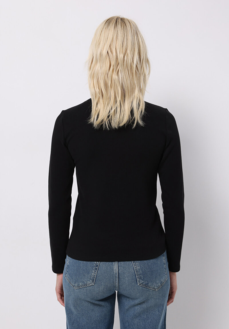 Slim Fit Yuvarlak Yaka Düz Kadın Siyah Uzun Kol Tişört