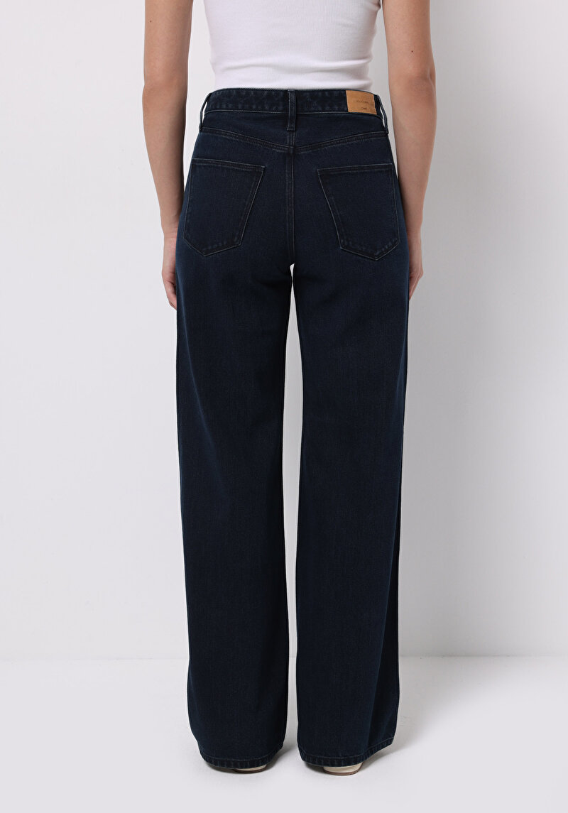 Regular Fit Yüksel Bel Geniş Paça Kadın Koyu İndigo Jean Pantolon