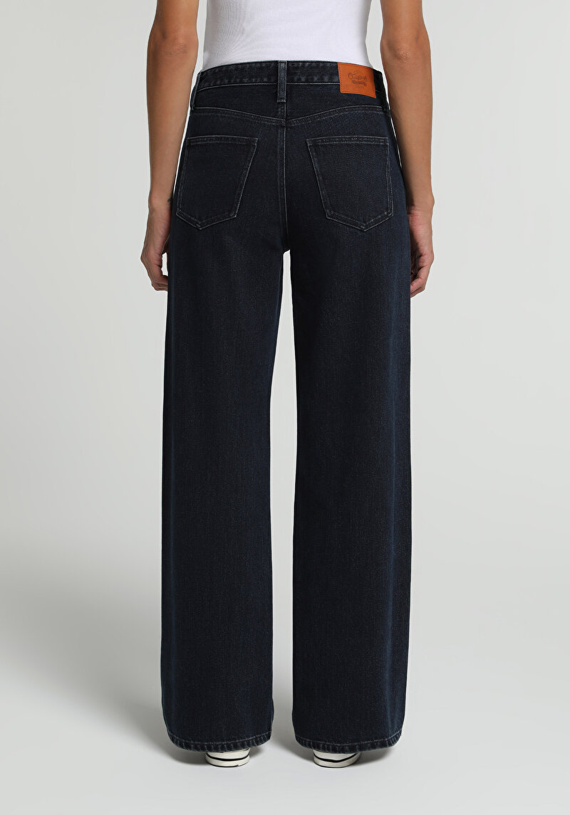 Regular Fit Yüksek Bel Geniş Paça Kadın Koyu İndigo Jean Pantolon