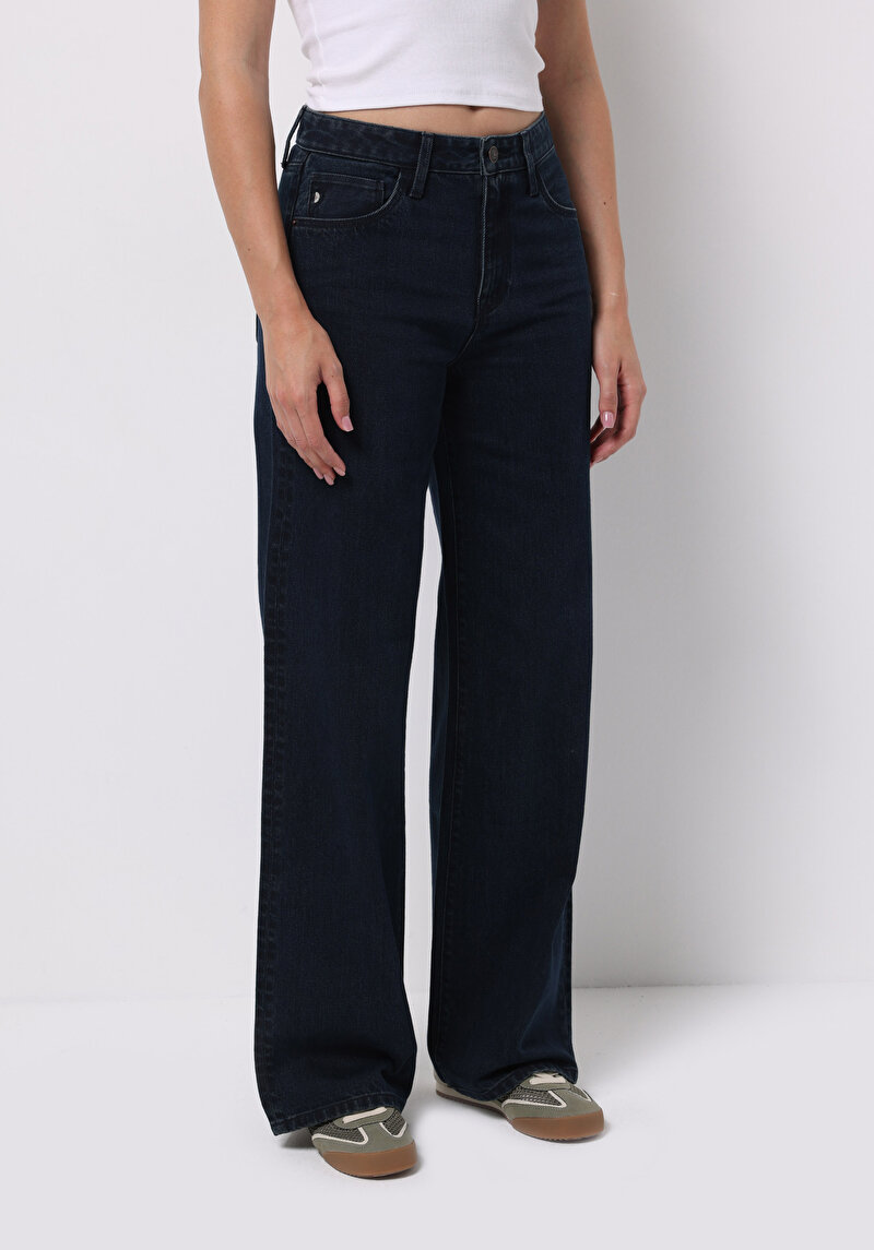 Regular Fit Yüksel Bel Geniş Paça Kadın Koyu İndigo Jean Pantolon