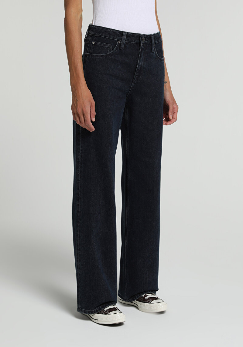 Regular Fit Yüksek Bel Geniş Paça Kadın Koyu İndigo Jean Pantolon