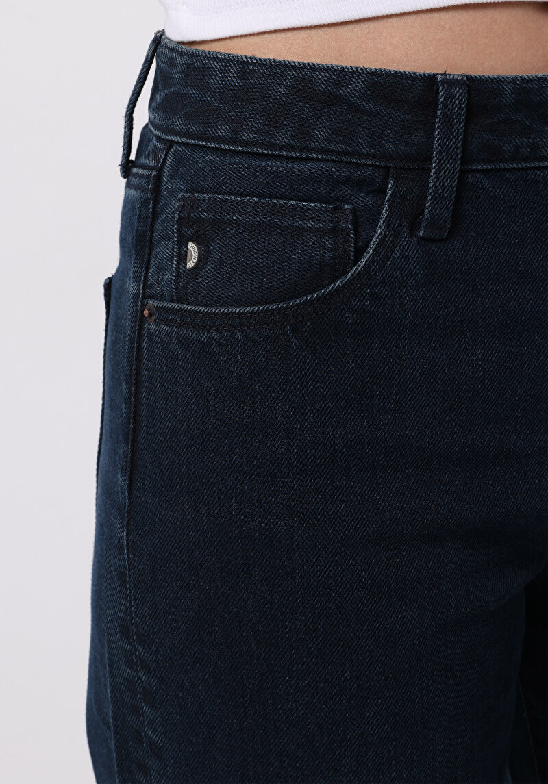 Regular Fit Yüksel Bel Geniş Paça Kadın Koyu İndigo Jean Pantolon