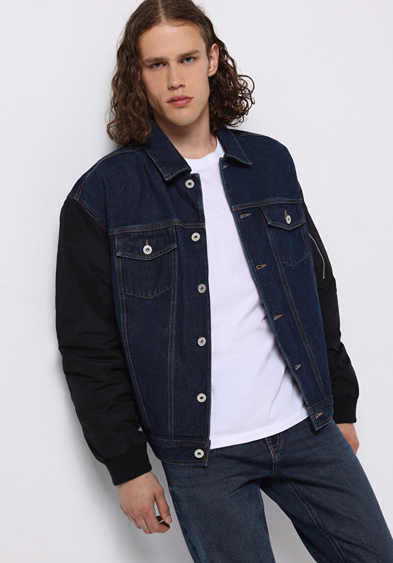 Oversize Fit Düğmeli Astarsız Erkek Koyu Mavi Ceket