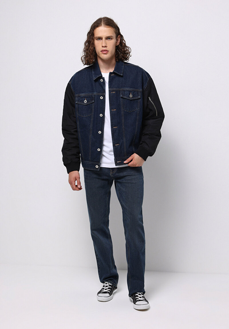 Oversize Fit Düğmeli Astarsız Erkek Koyu Mavi Ceket