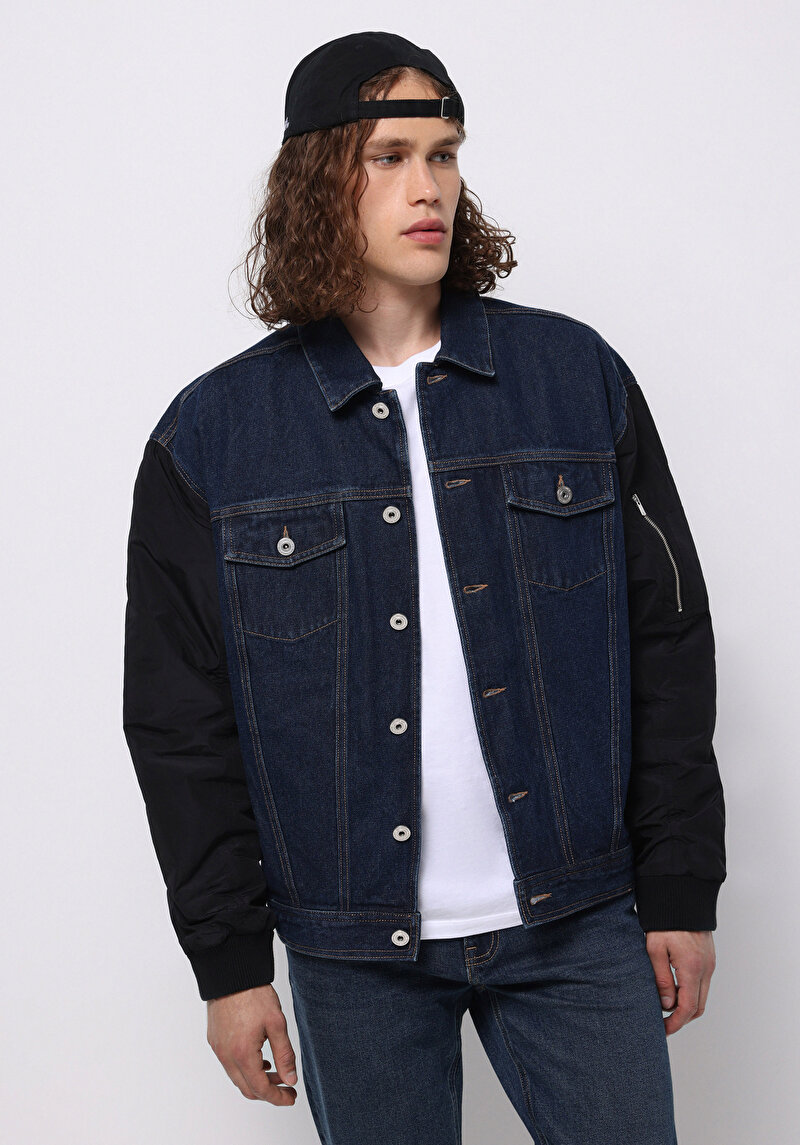 Oversize Fit Düğmeli Astarsız Erkek Koyu Mavi Ceket