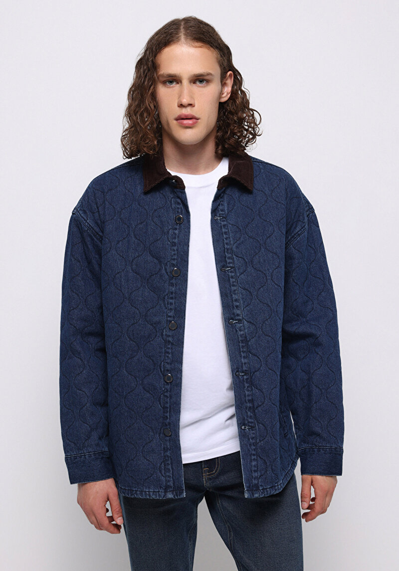 Oversize Fit Fermuarlı Astarsız Erkek Koyu Mavi Ceket