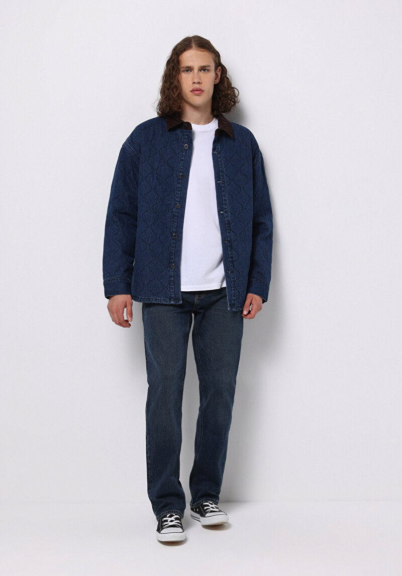 Oversize Fit Fermuarlı Astarsız Erkek Koyu Mavi Ceket