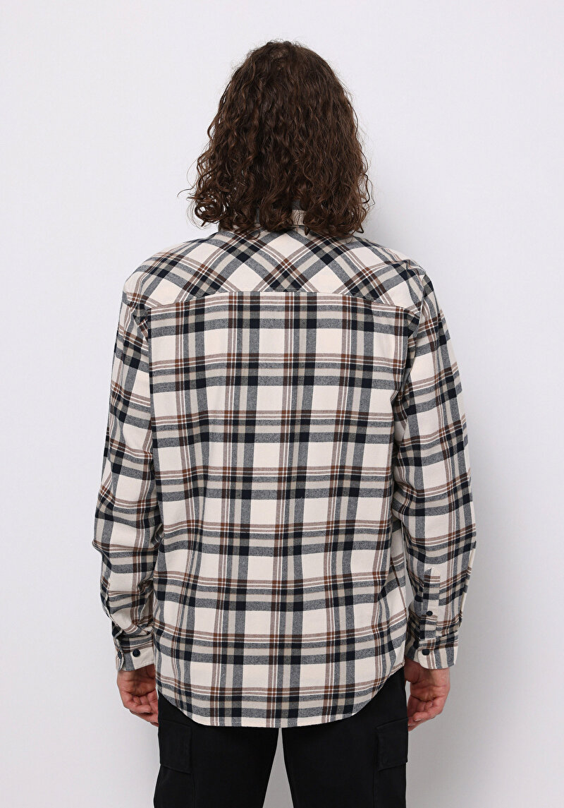 Regular Fit Shirt Neck Ekoseli Erkek Ekru Uzun Kol Gömlek