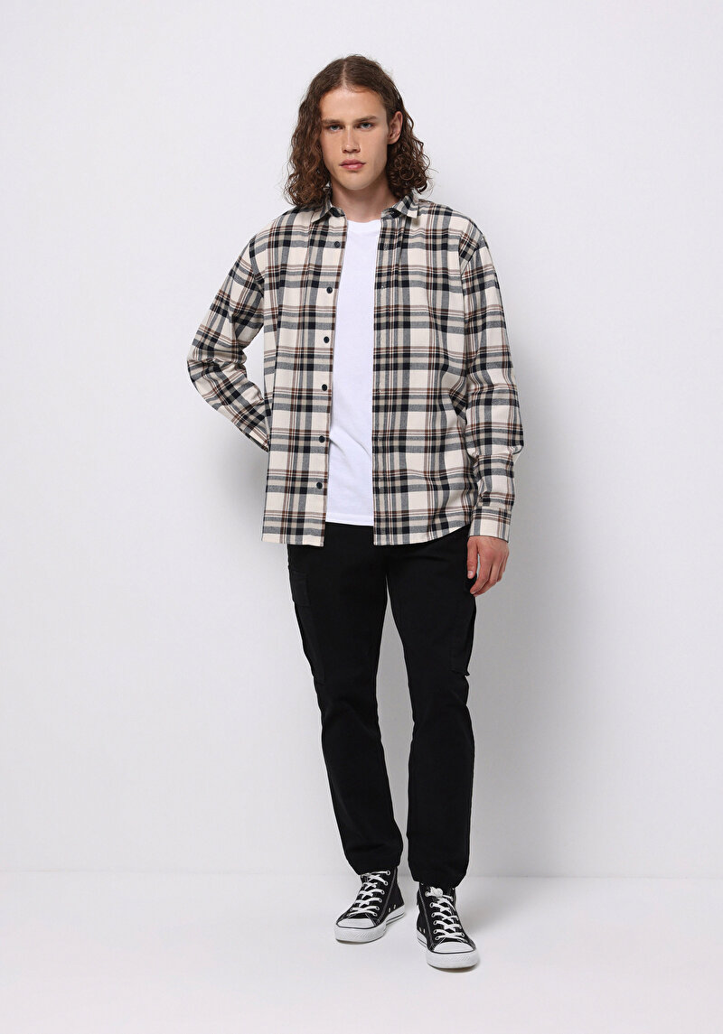 Regular Fit Shirt Neck Ekoseli Erkek Ekru Uzun Kol Gömlek