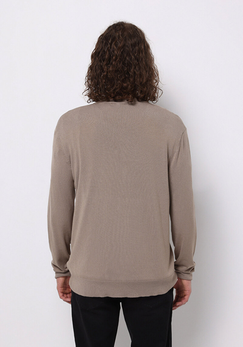 Regular Fit Yuvarlak Yaka Jakarlı Erkek Bej Kazak