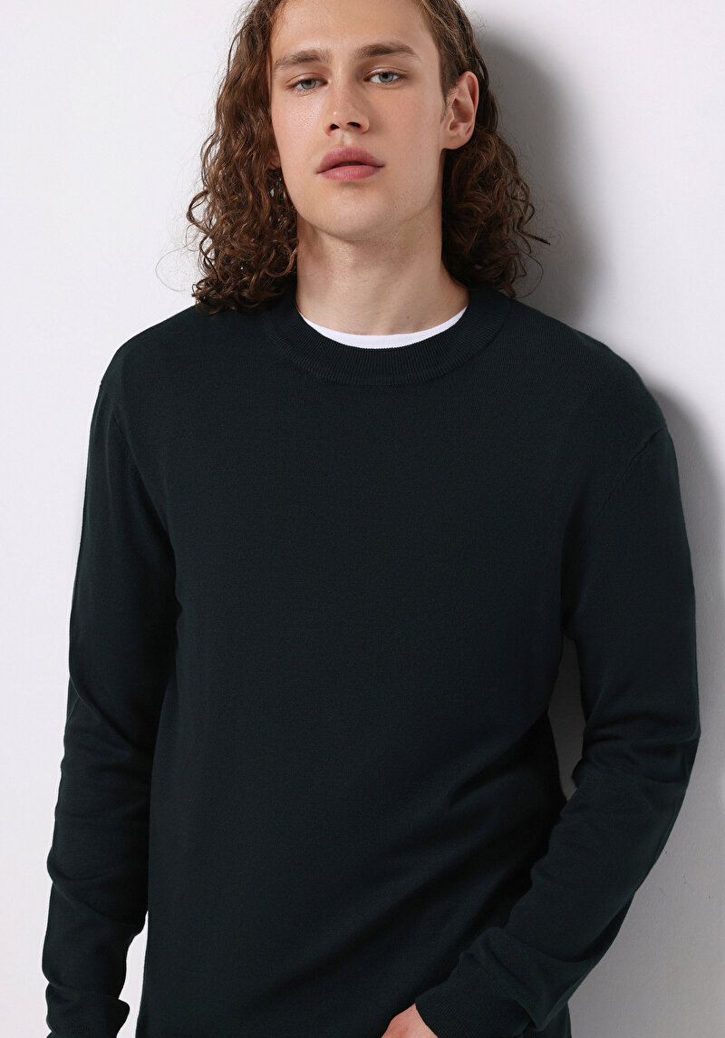 Regular Fit Yuvarlak Yaka Jakarlı Erkek Yeşil Kazak