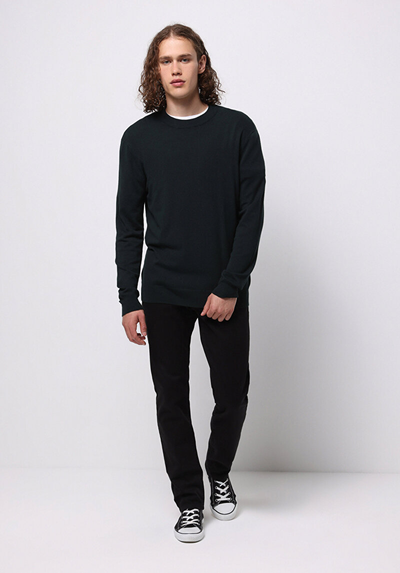 Regular Fit Yuvarlak Yaka Jakarlı Erkek Yeşil Kazak