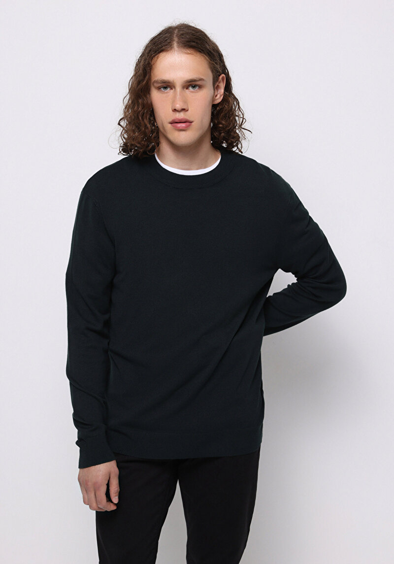 Regular Fit Yuvarlak Yaka Jakarlı Erkek Yeşil Kazak