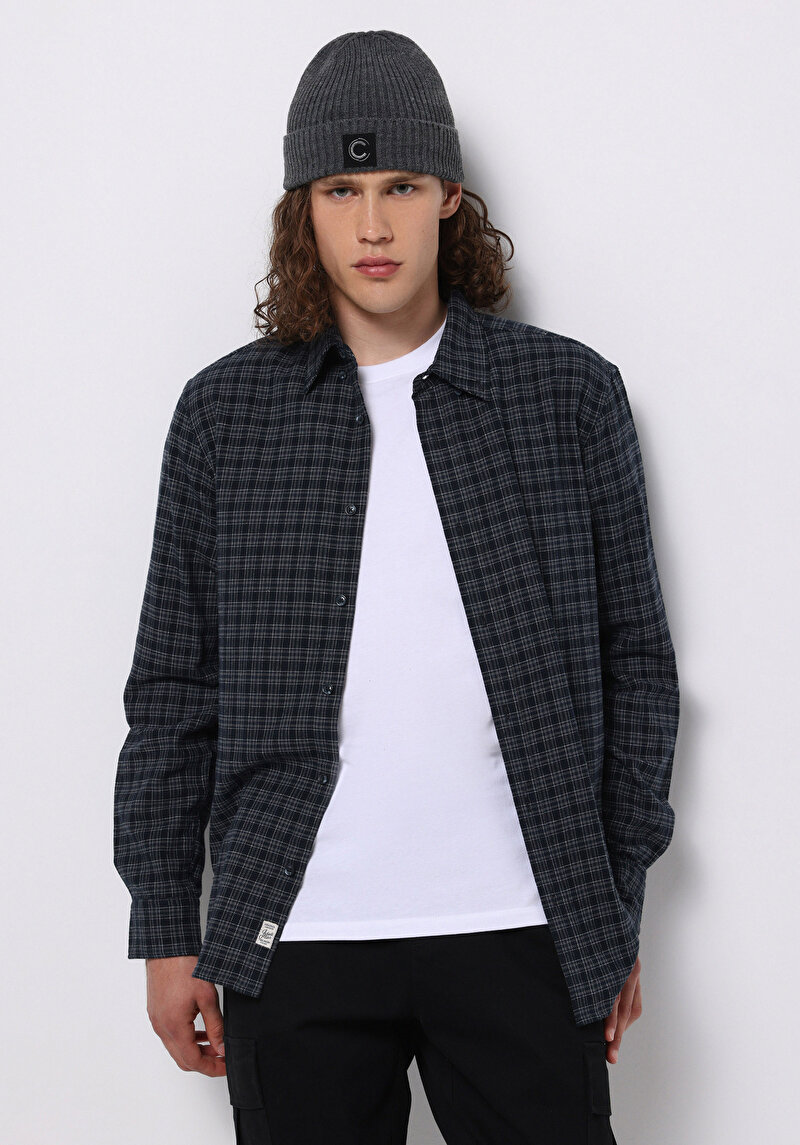 Regular Fit Shirt Neck Ekoseli Erkek Lacivert Uzun Kol Gömlek