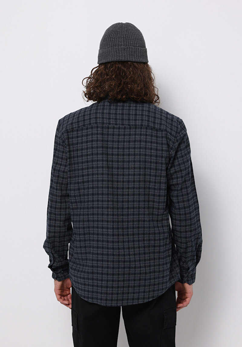 Regular Fit Shirt Neck Ekoseli Erkek Lacivert Uzun Kol Gömlek