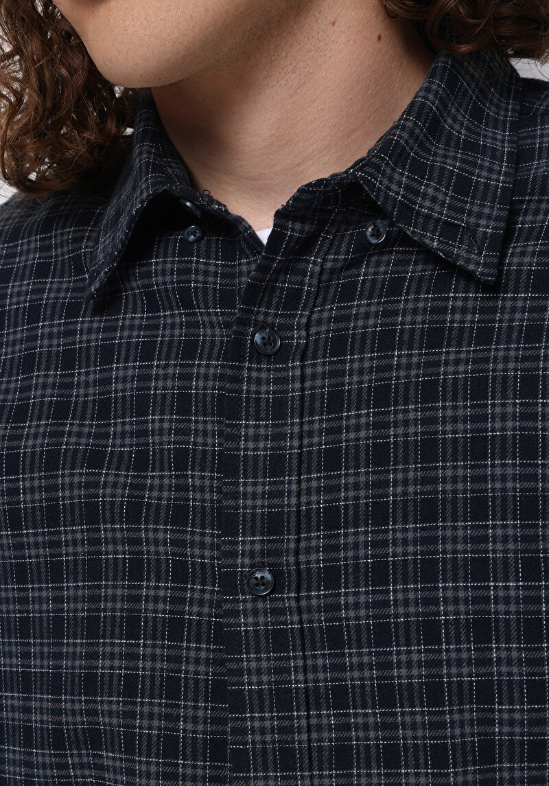 Regular Fit Shirt Neck Ekoseli Erkek Lacivert Uzun Kol Gömlek