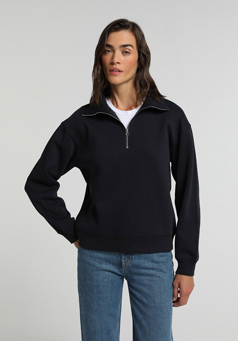 Regular Fit Fermuarlı Nakışlı Kadın Lacivert Sweatshirt