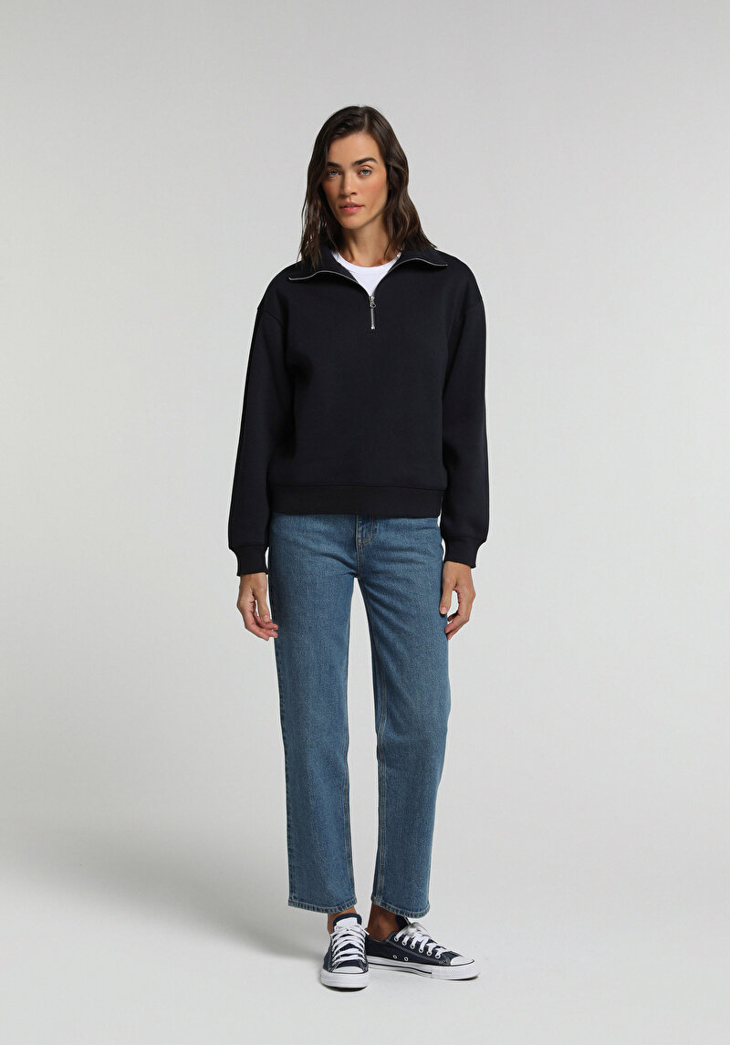 Regular Fit Fermuarlı Nakışlı Kadın Lacivert Sweatshirt