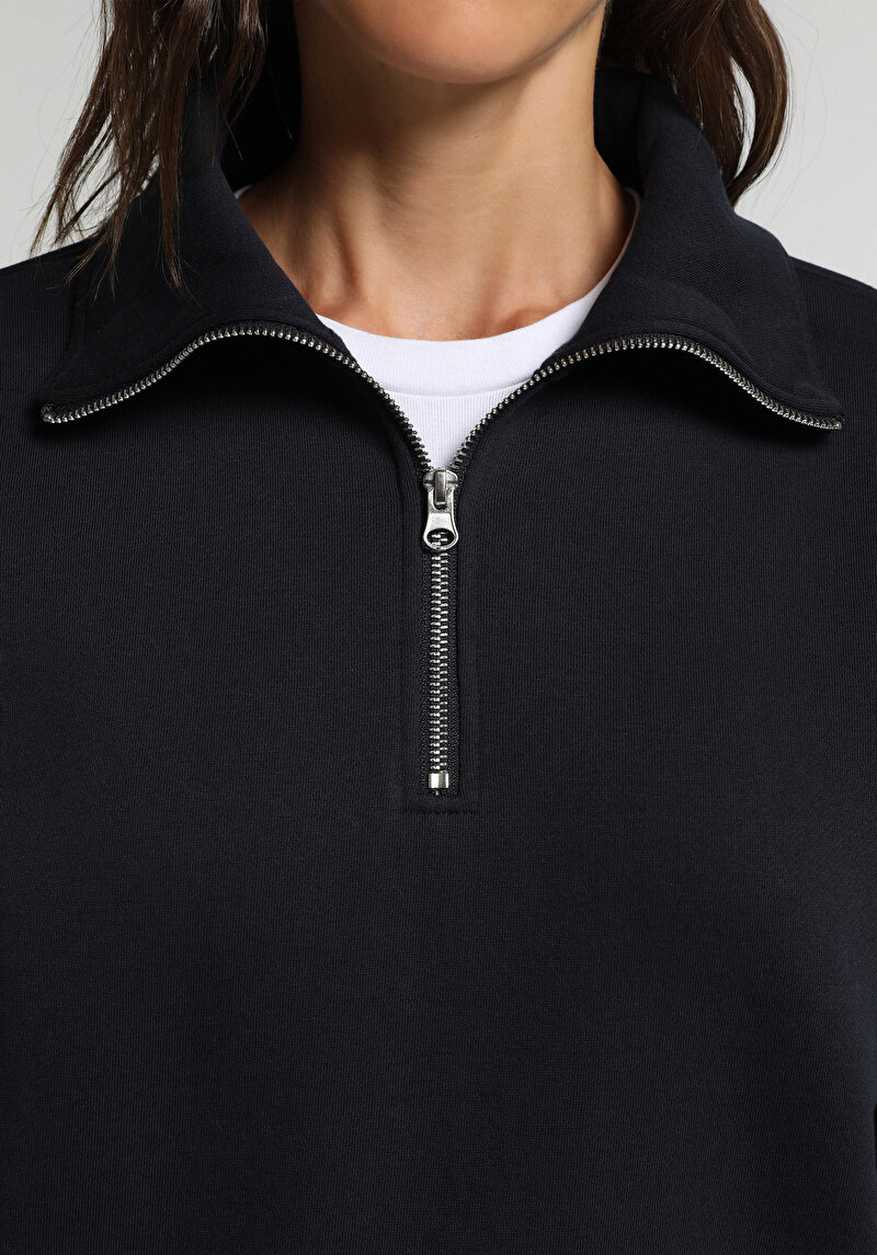 Regular Fit Fermuarlı Nakışlı Kadın Lacivert Sweatshirt
