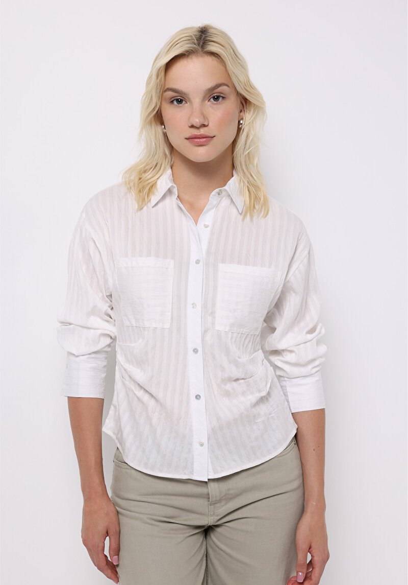 Slim Fit Shirt Neck Jakarlı Kadın Beyaz Uzun Kol Gömlek