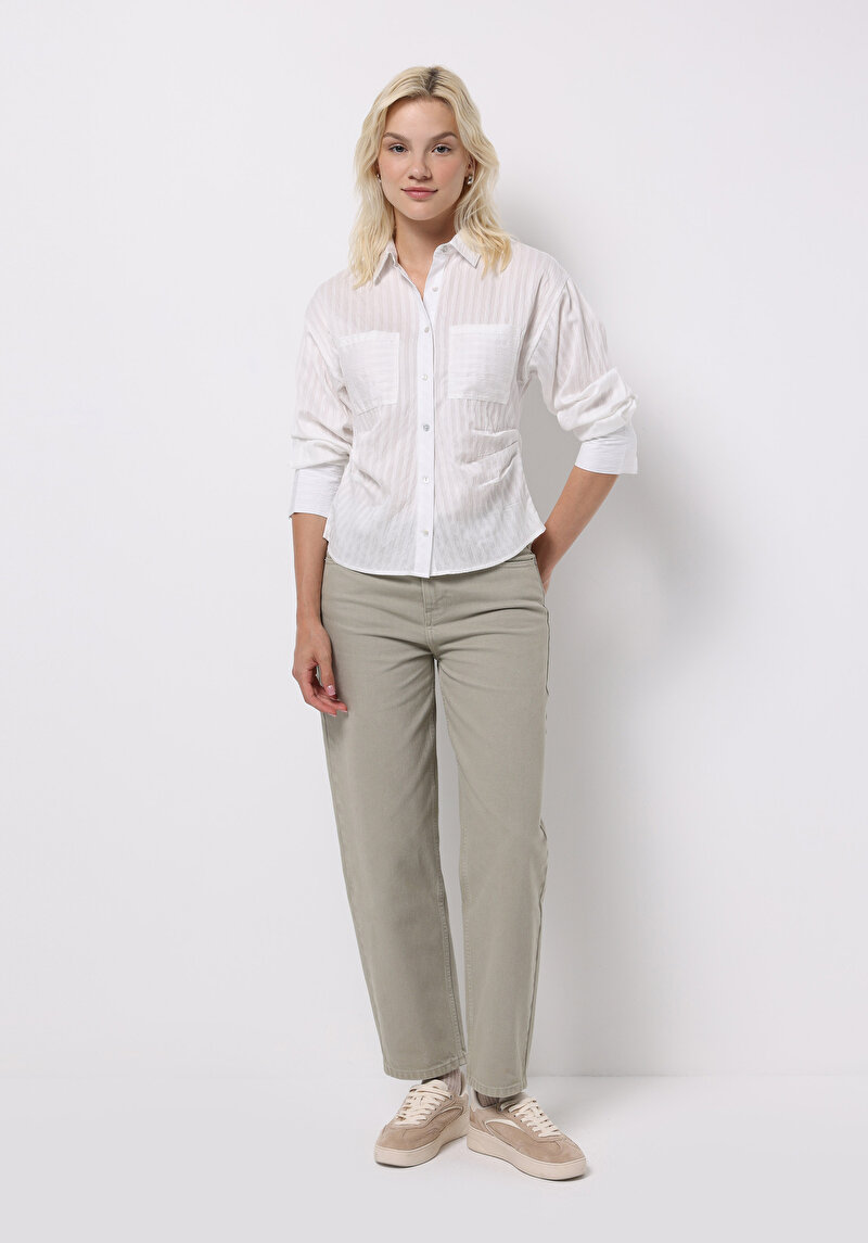 Slim Fit Shirt Neck Jakarlı Kadın Beyaz Uzun Kol Gömlek
