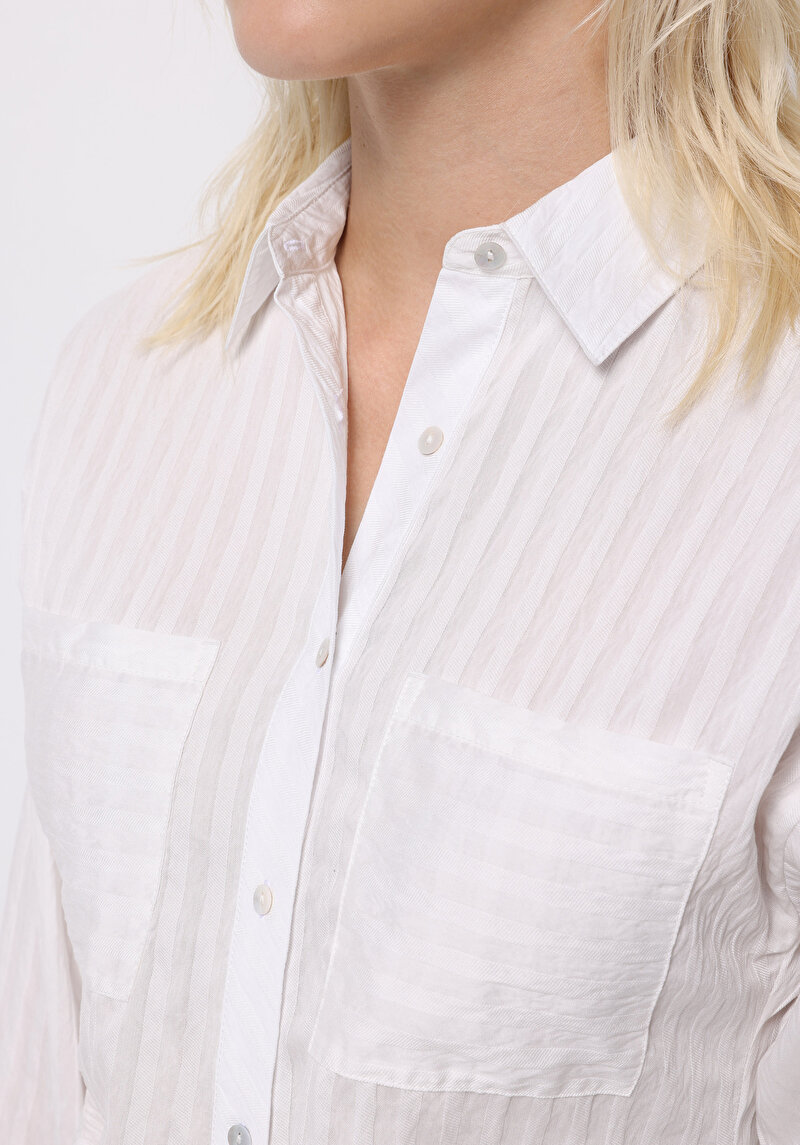 Slim Fit Shirt Neck Jakarlı Kadın Beyaz Uzun Kol Gömlek