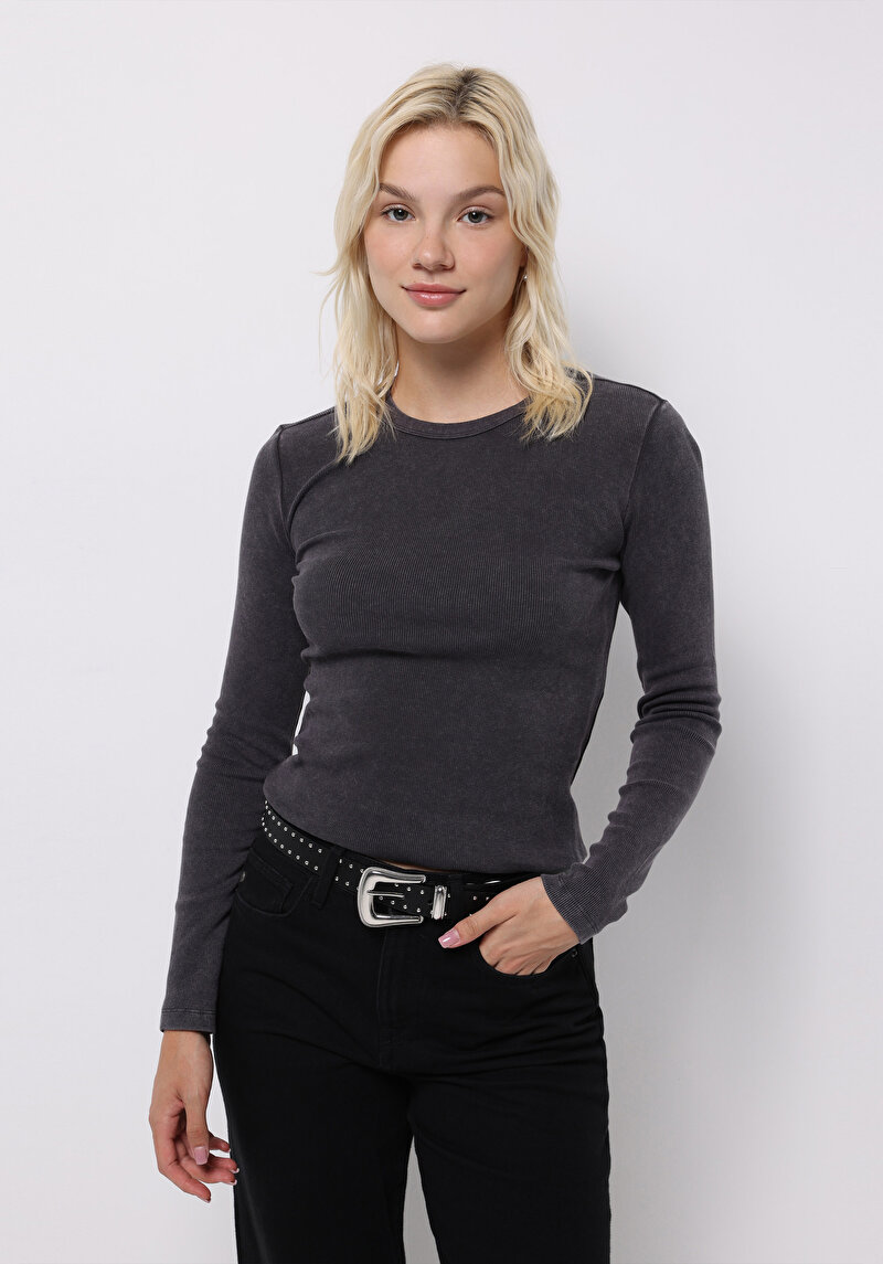 Slim Fit Yuvarlak Yaka Düz Kadın Antrasit Uzun Kol Tişört