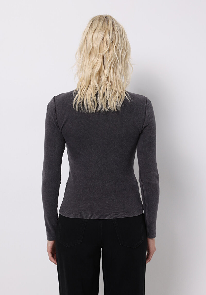 Slim Fit Yuvarlak Yaka Düz Kadın Antrasit Uzun Kol Tişört