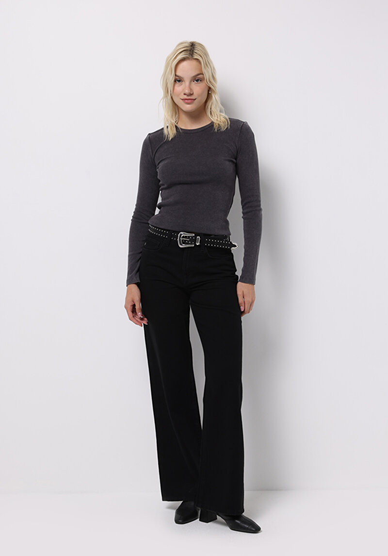Slim Fit Yuvarlak Yaka Düz Kadın Antrasit Uzun Kol Tişört